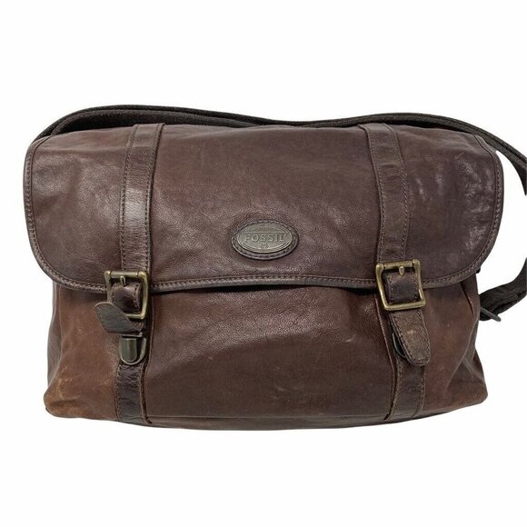 Fossil Mens Estate Messenger East West Bag Brown Adjustable Strap Leather Large - Picture 1 of 10